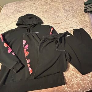 PINK Victoria's Secret Black Jogger Set with Floral Accents